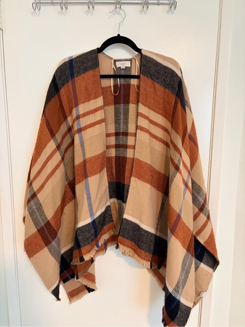 LOFT Oversized Plaid Fringe Ruana Wrap Cape – Brown, Beige, Blue, and black